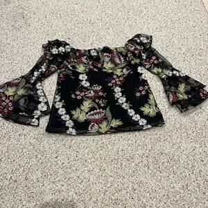 Amanda Uprichard Off the Shoulder Blouse S Floral Flare Sleeve Fairy Sheer Boho